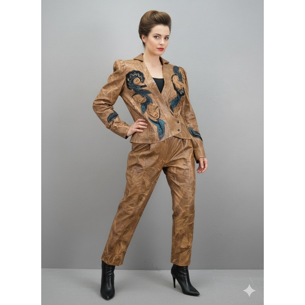 Jardena Gefen‎ Creation Leather Suit Set Women's Size S/38 Retro Israel Made Vtg